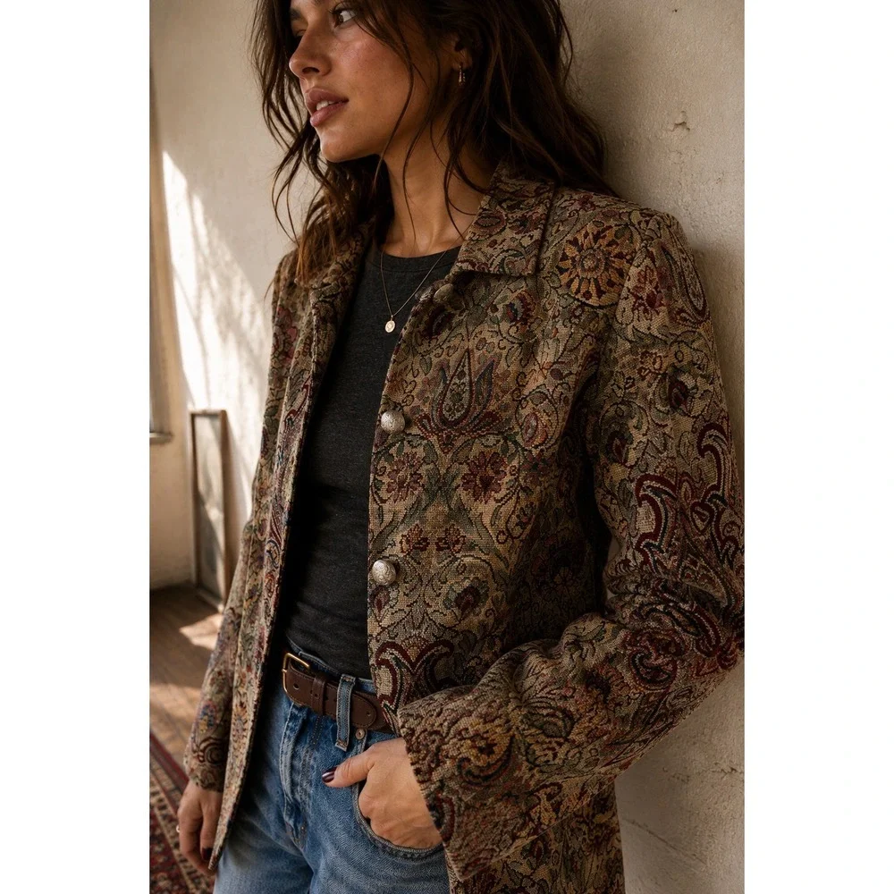 Vintage Erin London Tapestry Jacket M Paisley Floral Boho Gobelincore Blazer VTG